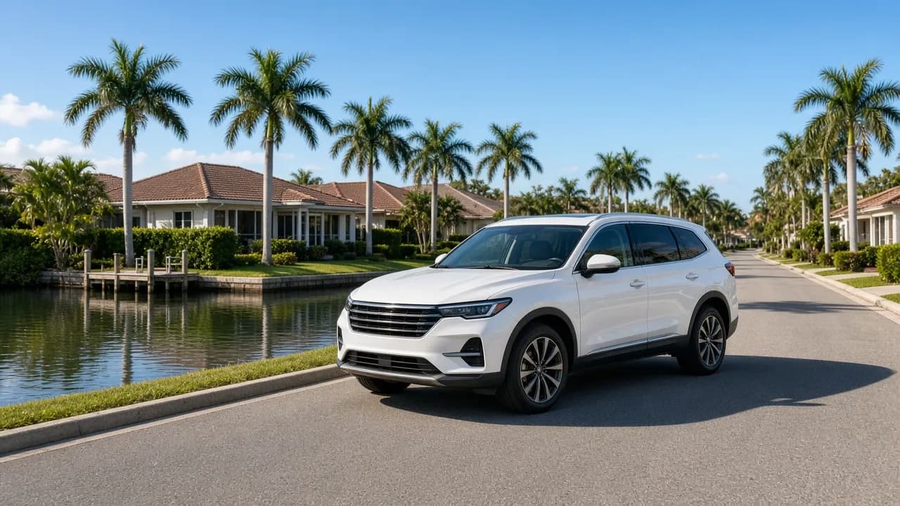 White SUV parked on a quiet canal-side residential street in Broward County with palms and single-story homes