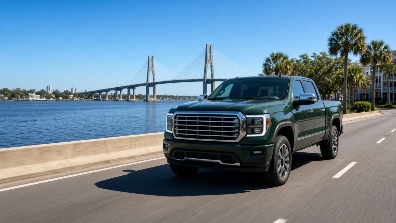 Dark green pickup truck on a Jacksonville riverfront road with a cable-stayed bridge in the background