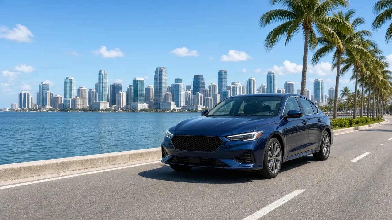 Dark blue sedan on a bayside road in Miami-Dade with the downtown skyline and palm trees across the water