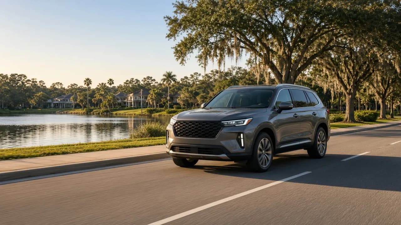 Family SUV on a lake-lined suburban road near Orlando in warm afternoon light