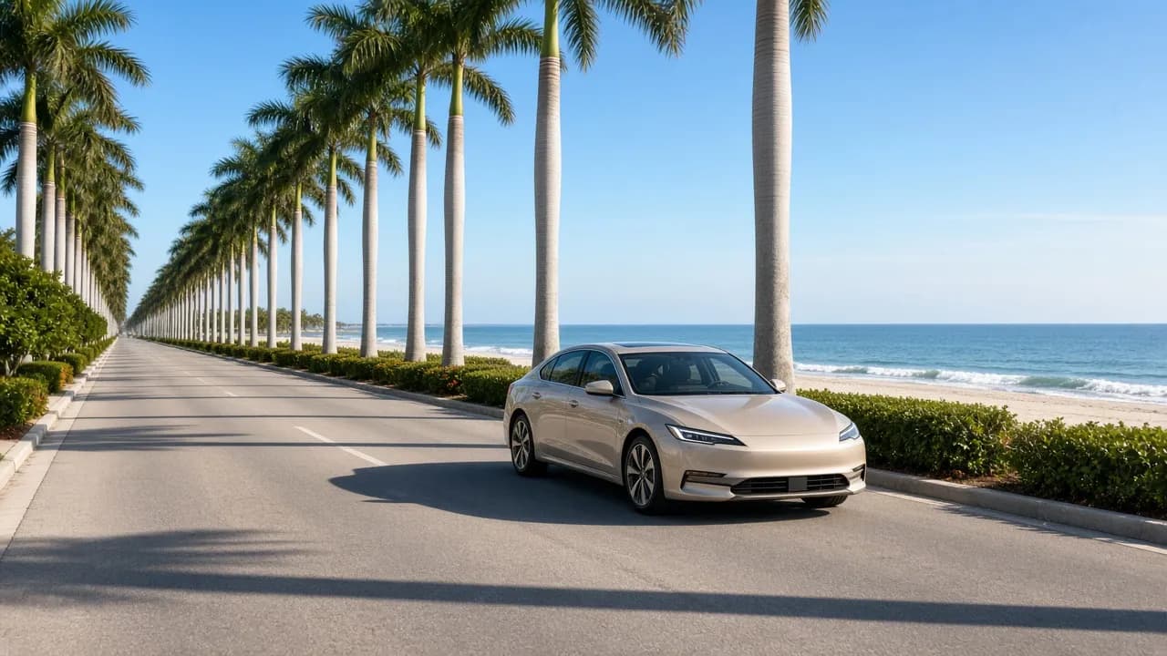 Sedan driving down a palm-lined boulevard toward the ocean in Palm Beach County in bright daylight