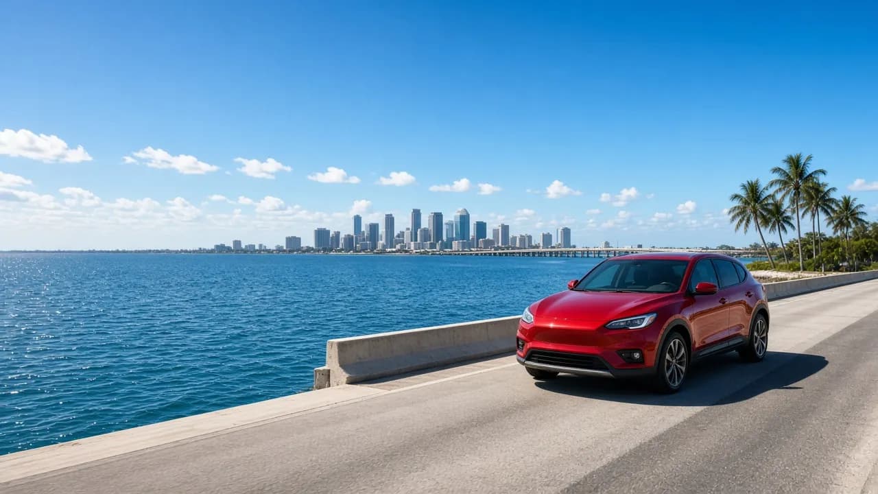 Crossover on a bridge approach over Tampa Bay with the city skyline in the distance under a clear sky